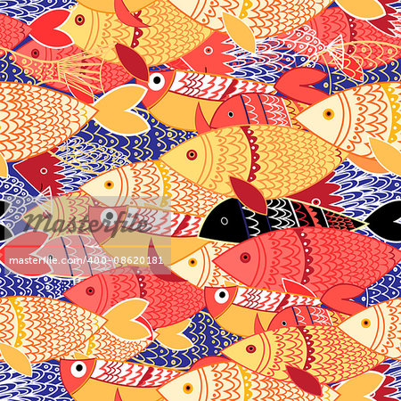 Seamless pattern of bright colorful fish on blue