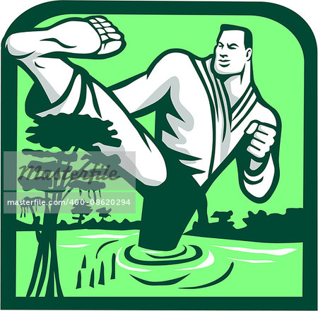 Illustration of a marital arts fighter kicking cypress tree on swamp or bayou set inside shield shape done in retro style. Illustration of a marital arts fighter kicking cypress tree on swamp or bayou set inside shield shape done in retro style.