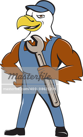 Illustration of a american bald eagle mechanic holding spanner looking to the side with one hand on hips set on isolated white background done in cartoon style.