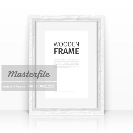 Wooden rectangle white frame on a glossy surface. Clipping paths included.
