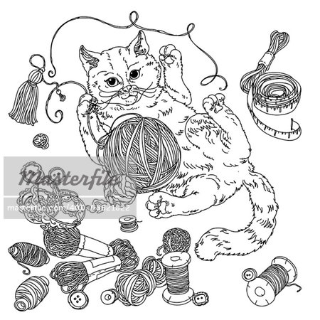 kitten playing with a ball of yarn and Needlework items. Hand-drawn, doodle, vector the best for your design, wedding cards, coloring book. Black and white.