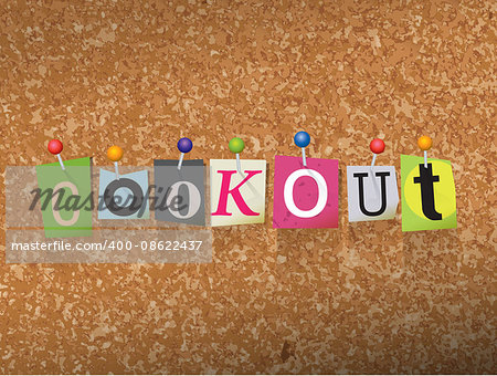 The word "COOKOUT" written in cut letters and pinned to a cork bulletin board illustration. Vector EPS 10 available.