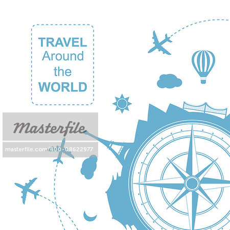 Famouse places. Travel around the world vector illustration. Travelling by plane, airplane trip in various country. Flat icon modern design style poster. Travel banner. Wind rose Travel agency round icon.