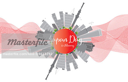 National Day of Japan 11 february. Vector illustration with red sun, lines and buildings. Holiday concept on white background.