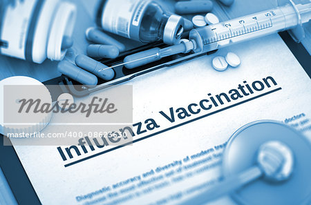 Influenza Vaccination - Medical Report with Composition of Medicaments - Pills, Injections and Syringe. Influenza Vaccination, Medical Concept with Selective Focus. 3D Render.