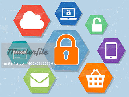 padlock and internet signs in grunge flat design hexagons labels infographic, technical security concept symbols