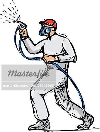 Drawing sketch style illustration of spray painter holding spray gun painting viewed from the side set on isolated white background.