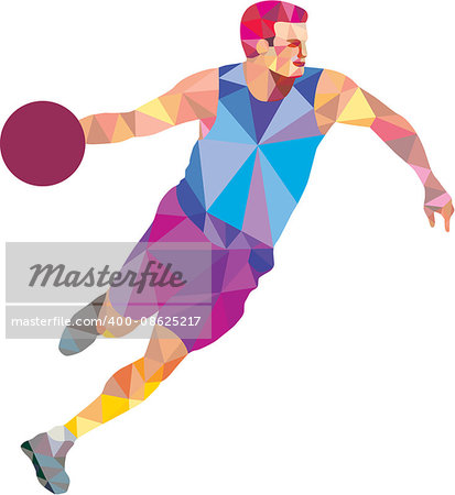 Low polygon style illustration of a basketball player dribbling ball looking to the side viewed from front on isolated white background.