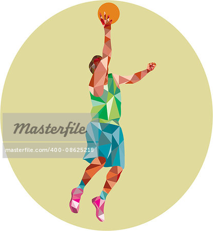 Low polygon style illustration of a basketball player lay up rebounding ball set inside circle.