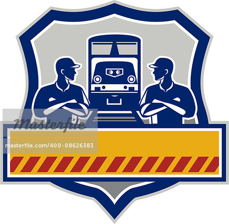 Illustration of train engineers with arms crossed looking at each other with diesel train on rail tracks in the background set inside shield crest done in retro style.