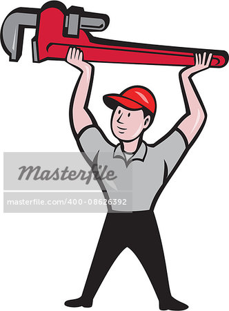 Illustration of a plumber lifting giant monkey wrench over head looking to the side viewed from front set on isolated white background done in cartoon style.