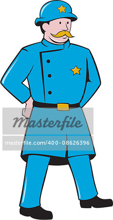 Illustration of a vintage new york policeman standing with hands at the back looking to the side viewed from front set on isolated white background done in cartoon style.