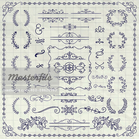 Pen Drawing Sketched Decorative Doodle Design Elements. Frames, Text Frames, Dividers, Floral Branches, Borders, Brackets on Crumpled Notebook Texture. Vector Illustration