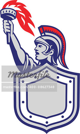 Illustration of a greek warrior looking to the side holding raising up torch with shield in front set on isolated white background done in retro style.