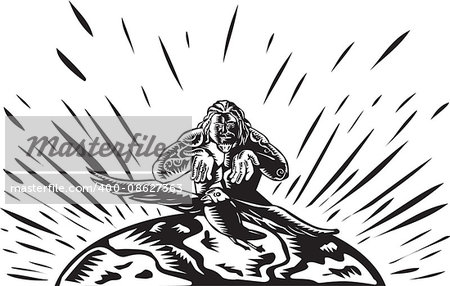 Illustration of Samoan legend god Tagaloa releasing his plover bird daughter to come down to the earth island to populate them done in retro woodcut style