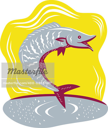 Illustration of a wahoo fish jumping viewed from side done in retro woodcut style.