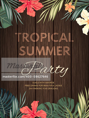 Bright hawaiian design with tropical plants and hibiscus flowers, vector illustration