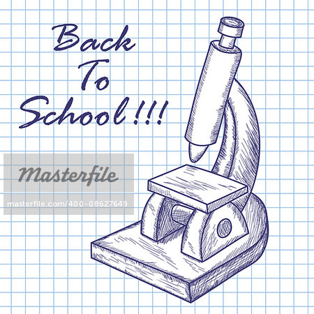 School microscope.Doodle sketch on checkered paper background. Vector illustration.