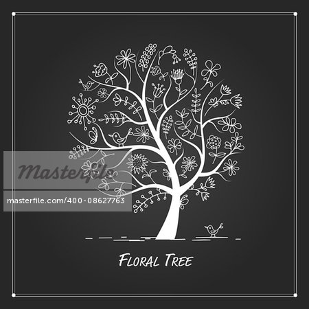 Art floral tree for your design on black background. Vector illustration