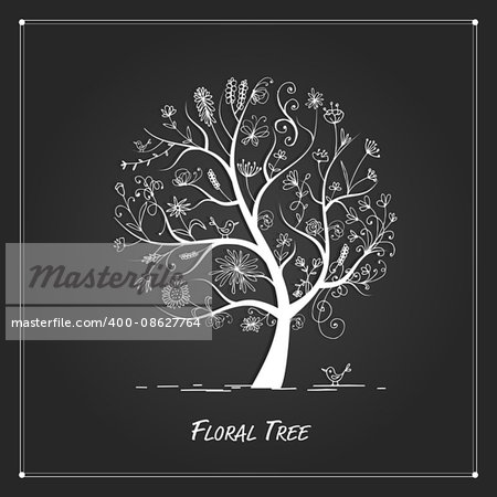 Art floral tree for your design on black background. Vector illustration