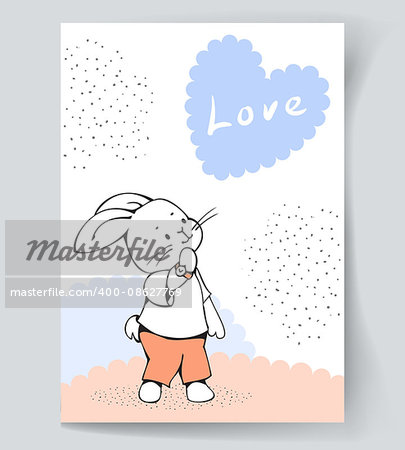 Postcard with a white Bunny and hand lettering "Love" Vector illustration