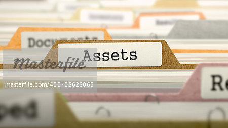 File Folder Labeled as Assets in Multicolor Archive. Closeup View. Blurred Image. 3D Render.