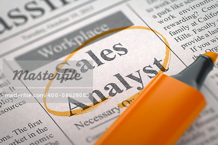 Newspaper with Jobs Sales Analyst. Sales Analyst - Job Vacancy in Newspaper, Circled with a Orange Highlighter. Blurred Image with Selective focus. Job Seeking Concept. 3D Rendering.