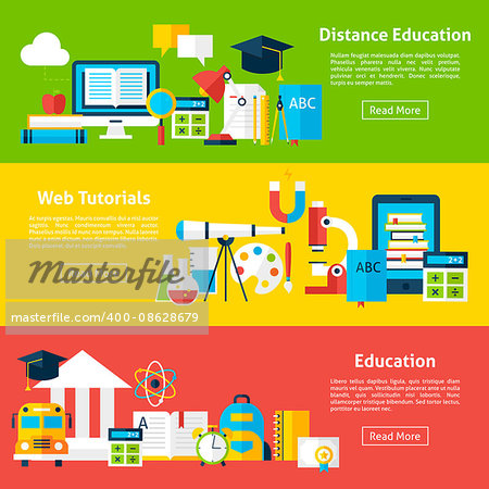 Distance Education and Web Tutorials Horizontal Banners. Vector Illustration for Website Header. Online Learning Items Flat Design.