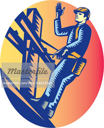 Illustration of a power lineman telephone repairman worker standing on electric pole with harness waving hand viewed from low angle done in retro woodcut style.
