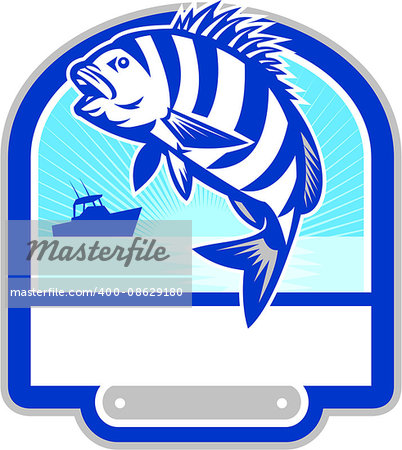Illustration of a sheepshead (Archosargus probatocephalus) a marine fish jumping up set inside shield crest with fishing boat and sunburst in the background done in retro style.