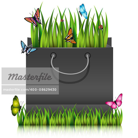 Paper shopping bag with fragment of grass on the lawn peace with butterflies. Vector illustration.