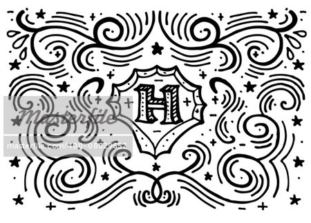 Simple hand drawn monogram design template with letter H and swirl pattern. Vector illustration.