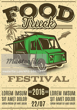 retro poster for invitations on street food festival with food truck on the background