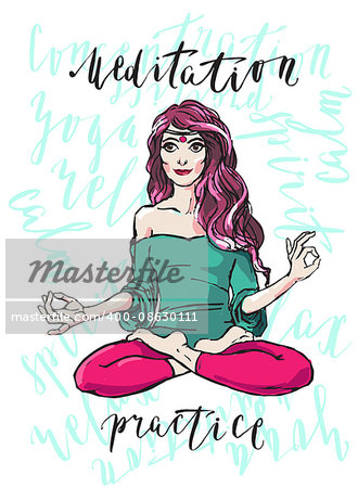 Vector illustration of sitting girl in meditation, yoga practice, relaxation pose, hand drawn detailed woman figure