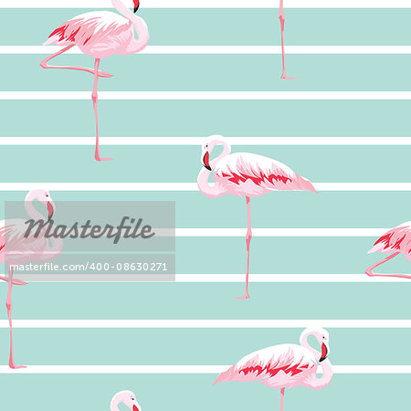 Hand drawn pink flamingo seamless pattern with stripes, vector illustration