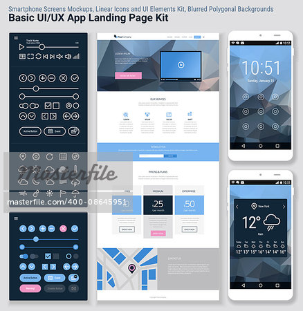 Flat design responsive pixel perfect UI mobile app and website template with trendy polygonal header background, basic linear UI kit, calendar app widget