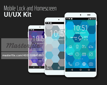 Trendy mobile smartphone UI kit, polygonal hexagonal geometric backgrounds. Welcome, lock and home page screens