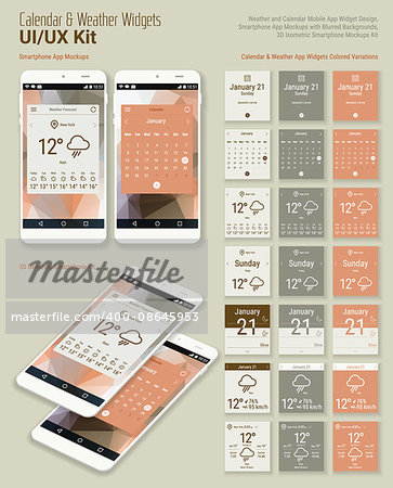 Flat design responsive calendar and weather mobile app widgets UI designs, with colored variations, smartphone mockups with trendy blurred backgrounds, with 3d isometric versions