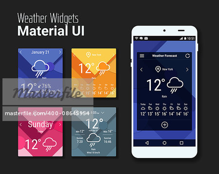 Trendy mobile app weather widgets UI kit, on trendy material background, with smartphone mockup and bold line icons