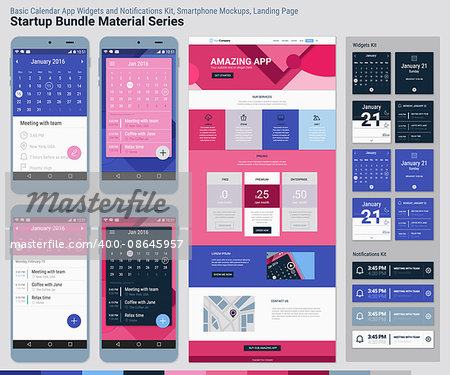 Material design responsive pixel perfect UI mobile calendar app, widgets and notifications kit, smartphone mockups and website landing page template with trendy material header background. Startup Bundle Material Series