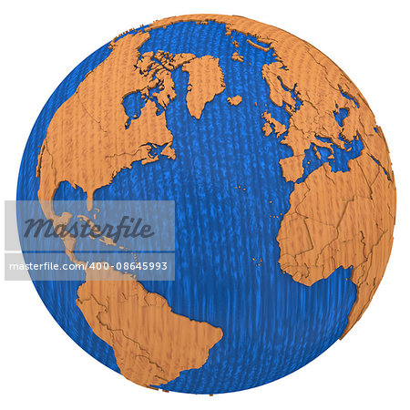 North America and Europe on wooden model of planet Earth with embossed continents and visible country borders. 3D illustration isolated on white background.