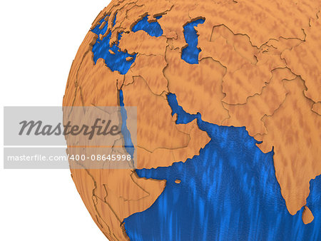 Middle East region on wooden model of planet Earth with embossed continents and visible country borders. 3D rendering.