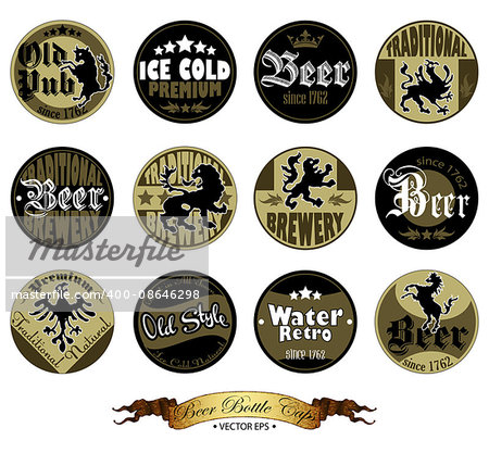 a set of twelve images for beer caps on a white background