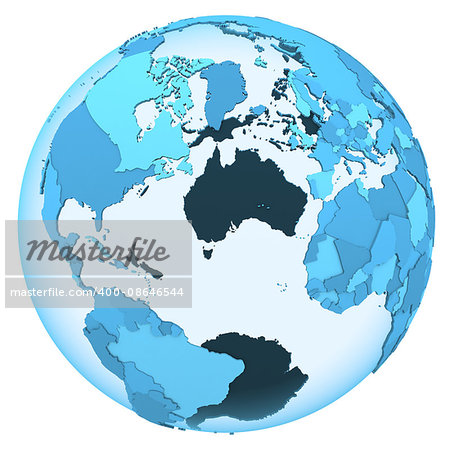 North America and Europe on translucent model of planet Earth with visible continents blue shaded countries. 3D illustration isolated on white background.