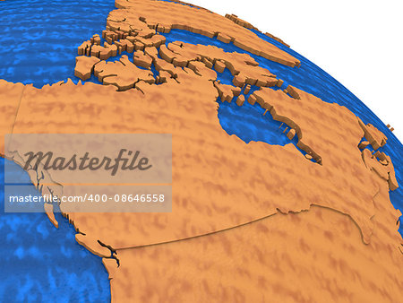 Canada on wooden model of planet Earth with embossed continents and visible country borders. 3D rendering.