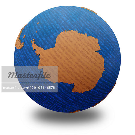 Antarctica on wooden model of planet Earth with embossed continents and visible country borders. 3D illustration isolated on white background with shadow.