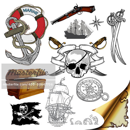 set of drawings on the theme of the sea and pirates