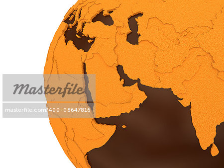Middle East region on chocolate model of planet Earth. Sweet crusty continents with embossed countries and oceans made of dark chocolate. 3D rendering. Middle East region on chocolate model of planet Earth. Sweet crusty continents with embossed countries and oceans made of dark chocolate. 3D rendering.