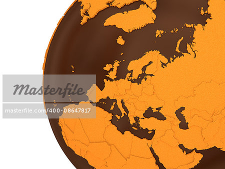 Europe on chocolate model of planet Earth. Sweet crusty continents with embossed countries and oceans made of dark chocolate. 3D rendering. Europe on chocolate model of planet Earth. Sweet crusty continents with embossed countries and oceans made of dark chocolate. 3D rendering.