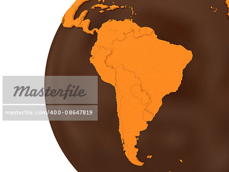 South America on chocolate model of planet Earth. Sweet crusty continents with embossed countries and oceans made of dark chocolate. 3D rendering.